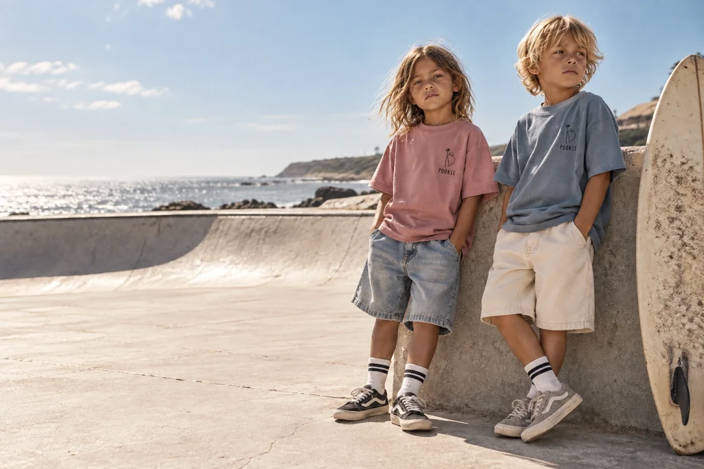 Twee kinderen met Pookie-shirts bij een skateplek aan zee