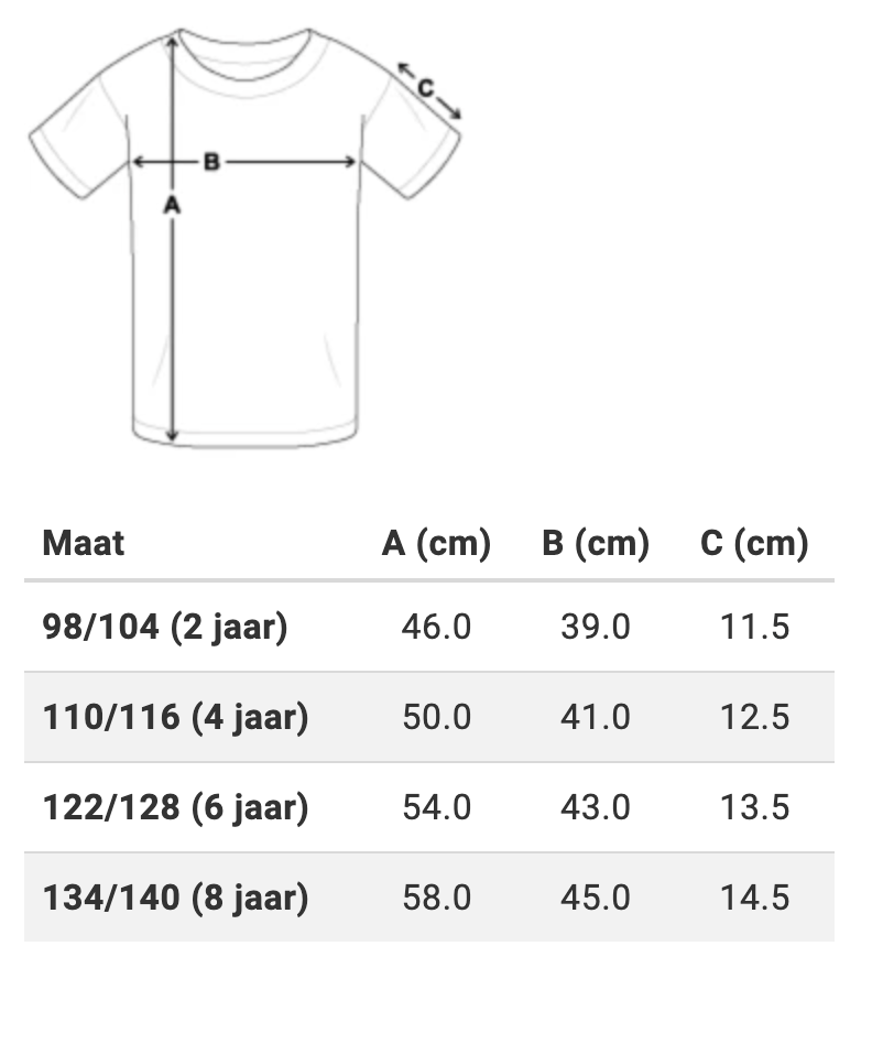 Maattabel in cm: 98/104 (2 jaar): A 46.0, B 39.0, C 11.5; 110/116 (4 jaar): A 50.0, B 41.0, C 12.5; 122/128 (6 jaar): A 54.0, B 43.0, C 13.5; 134/140 (8 jaar): A 58.0, B 45.0, C 14.5. Meet volgens de originele A/B/C-tekening.
